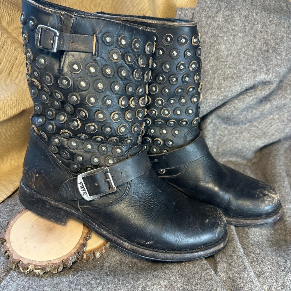 Frye Jenna Black Studded Leather boot in distressed style Sz. 8.5. $295